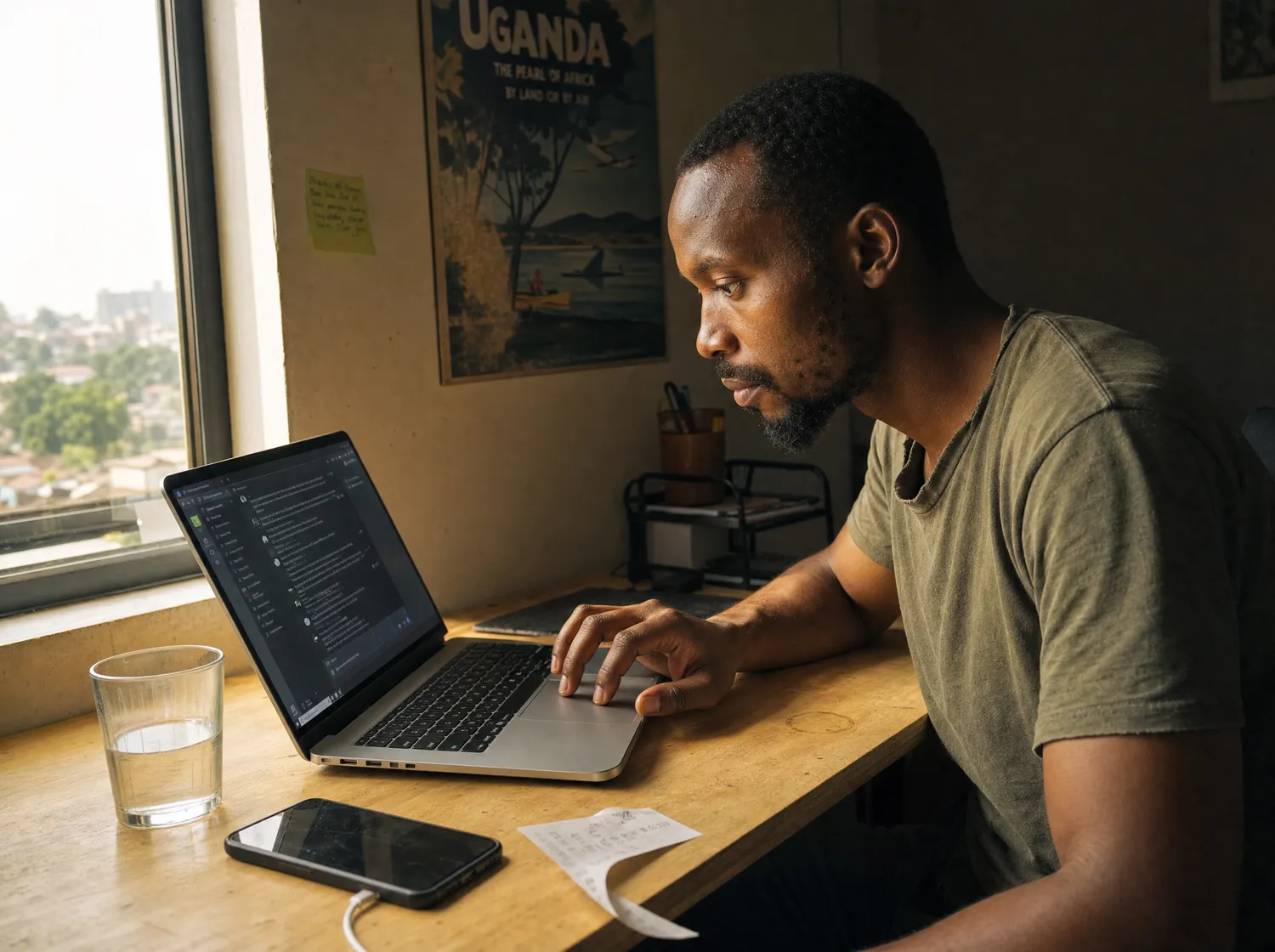Someone working at a laptop by a window in Kampala, morning light