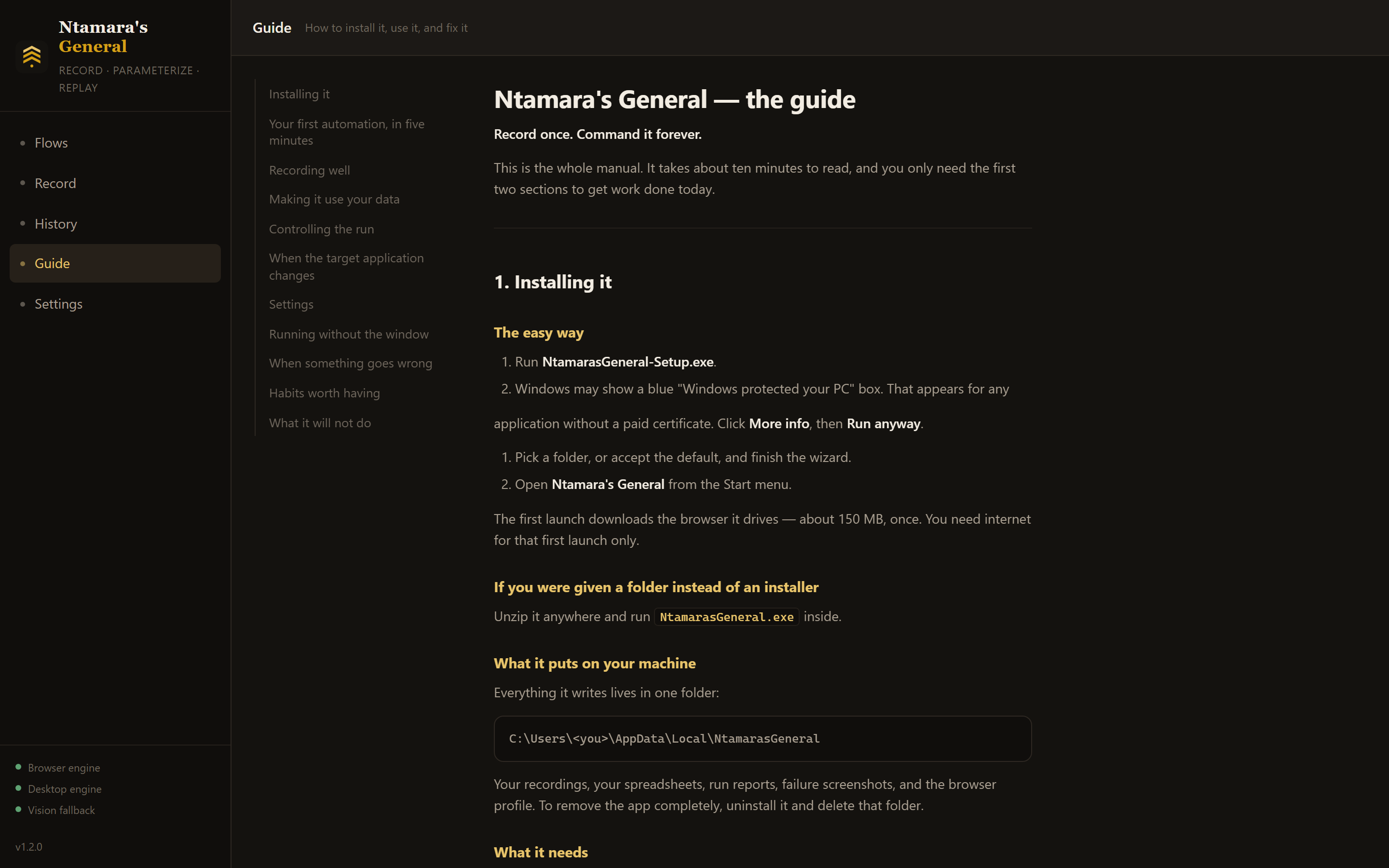 The manual, built into the app