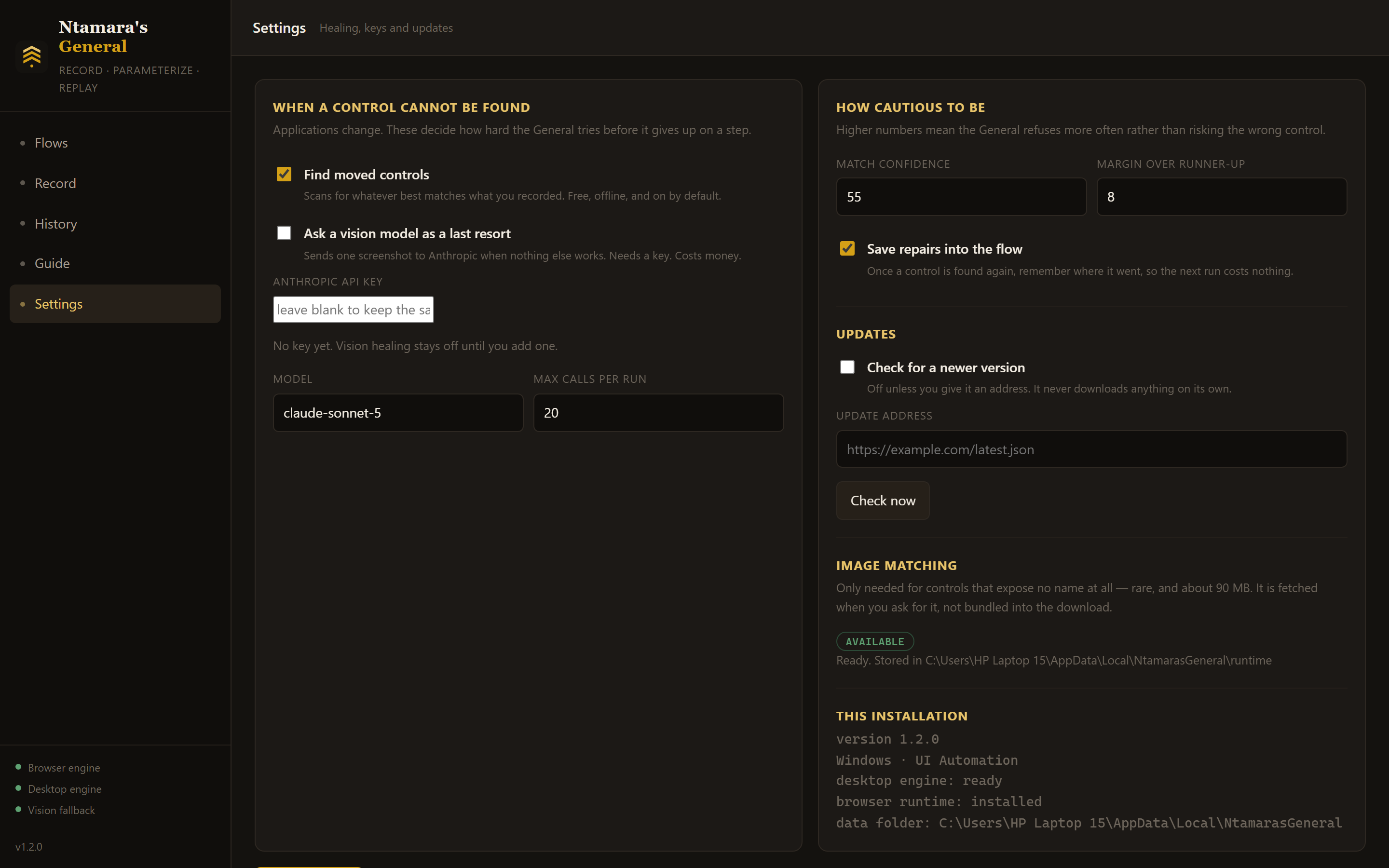 The settings screen, showing options for finding controls that have moved